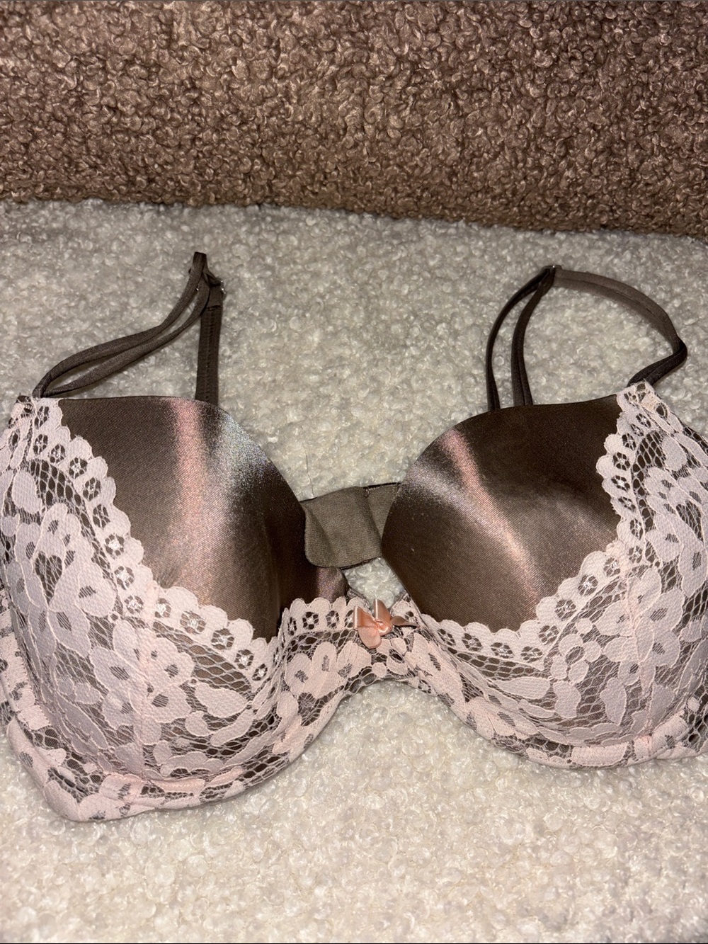 Victoria's Secret Brown Satin and Pink Lace Push-Up Bra